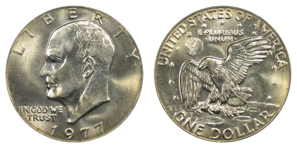 1977 Eisenhower Ike dollar coin obverse and reverse showing Eisenhower portrait and Apollo eagle design