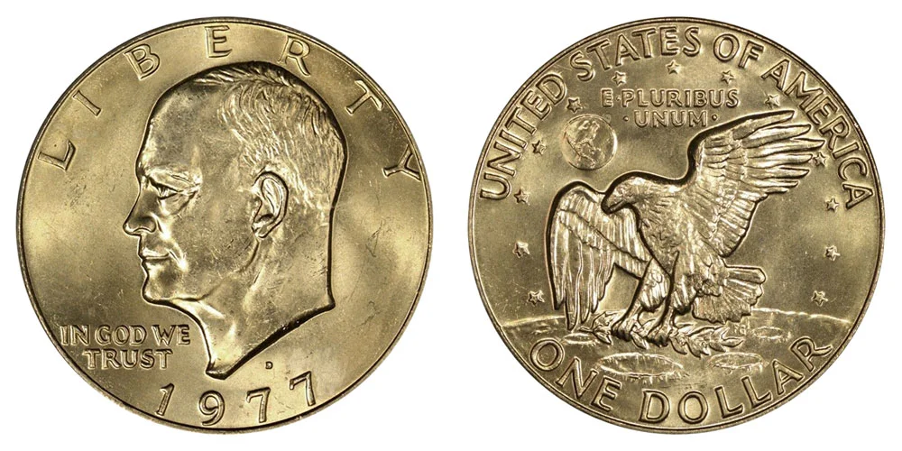 Side-by-side comparison of a standard 1977-D clad Eisenhower dollar versus the rare 1977-D struck on 40% silver planchet error coin