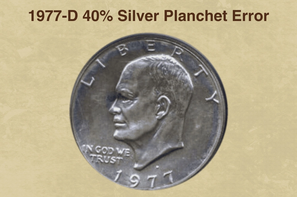 1977-D Eisenhower dollar struck on 40% silver planchet showing edge with no copper stripe and unusually sharp design detail