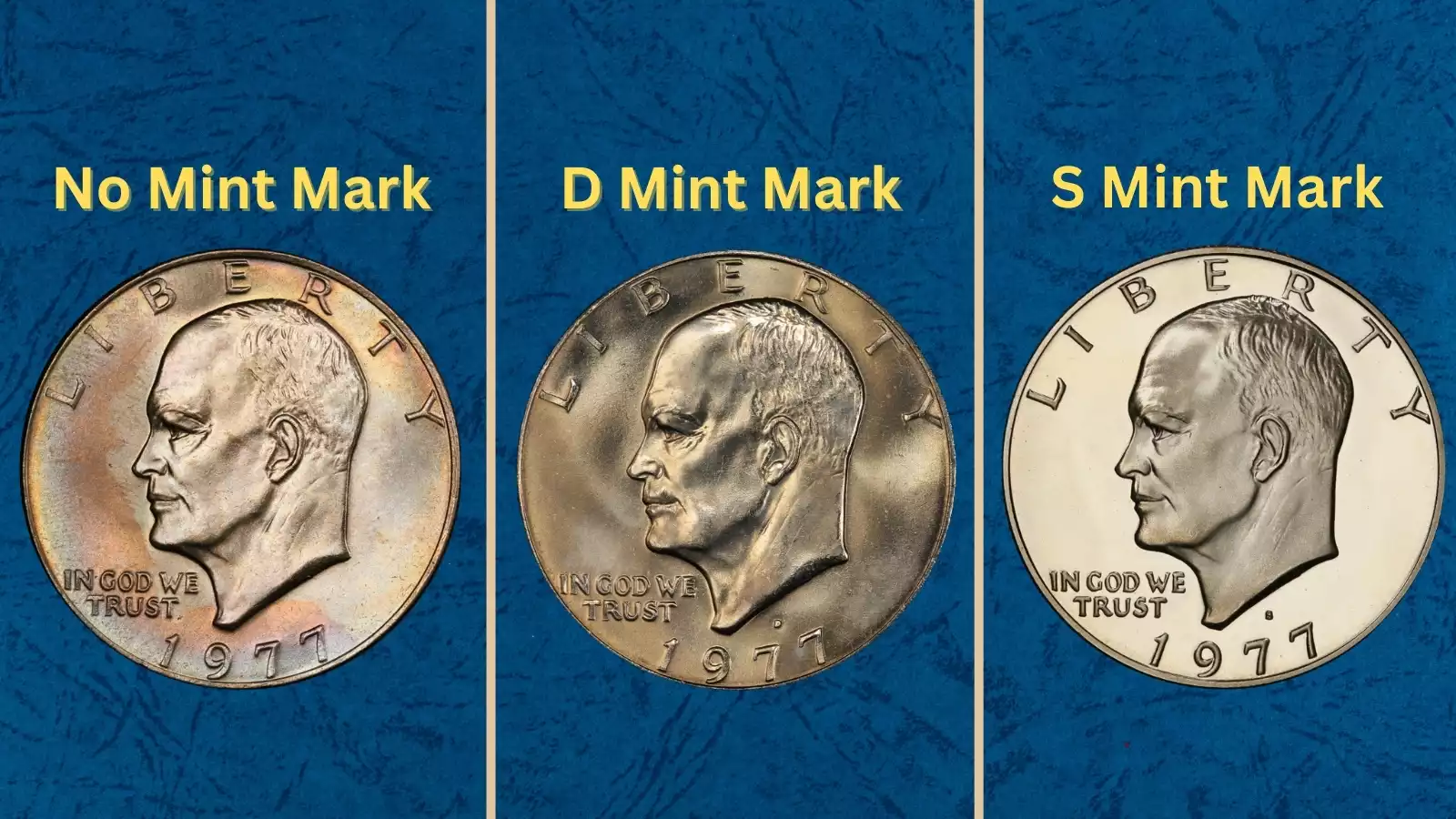 Group photograph of 1977 Eisenhower Ike dollars from all three mint facilities showing Philadelphia no mint mark, Denver D, and San Francisco S proof