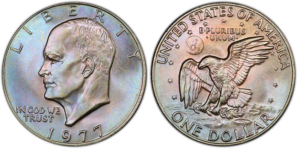 Grading strip showing four 1977 Eisenhower Ike dollars in four condition tiers: heavily worn, circulated EF, About Uncirculated AU, and Gem Mint State MS